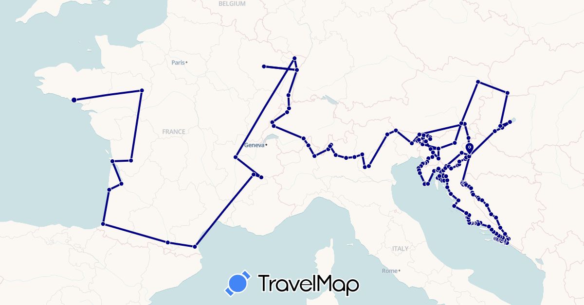 TravelMap itinerary: driving in Austria, Bosnia and Herzegovina, Switzerland, France, Croatia, Hungary, Italy, Slovenia, Slovakia (Europe)